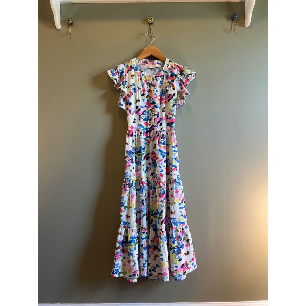 Pinch Floral Tiered Midi Dress Flutter Sleeve Button Front Pink Blue White Med